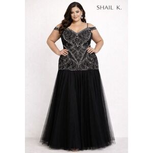 Shail K Beaded Embellished Off Shoulder Maxi Dress Formal Gown Black SZ 24